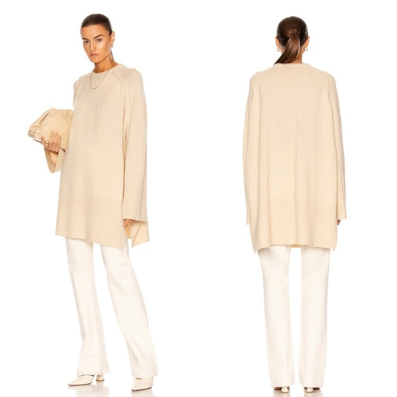 TOTEME Merino Wool Camel Slit Knit Tunic Oversized Sweater Tan XS